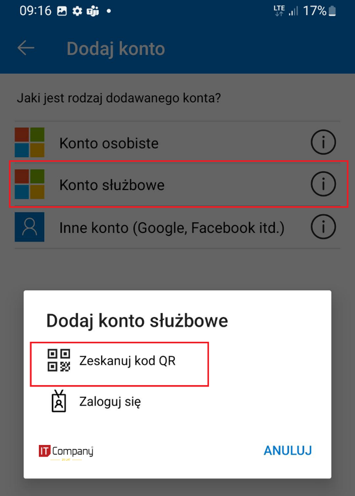 Microsoft Authenticator dodawanie konta